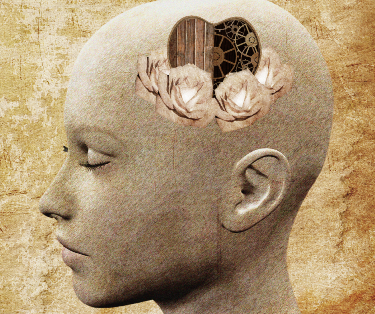 A drawing of a woman with a clockwork heart and flowers on her head