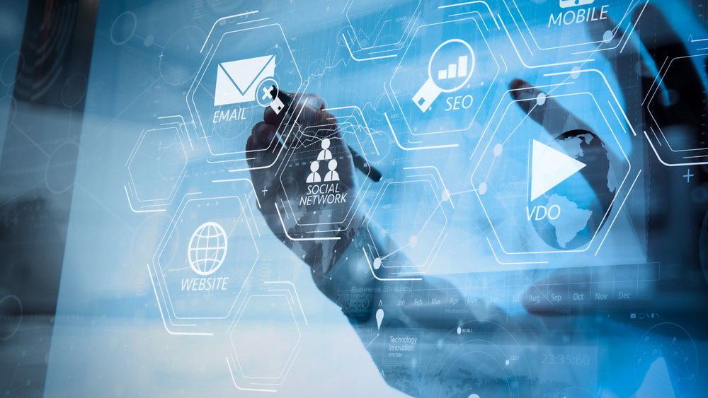 A technological graphic with email, SEO, and video icons in hexagons