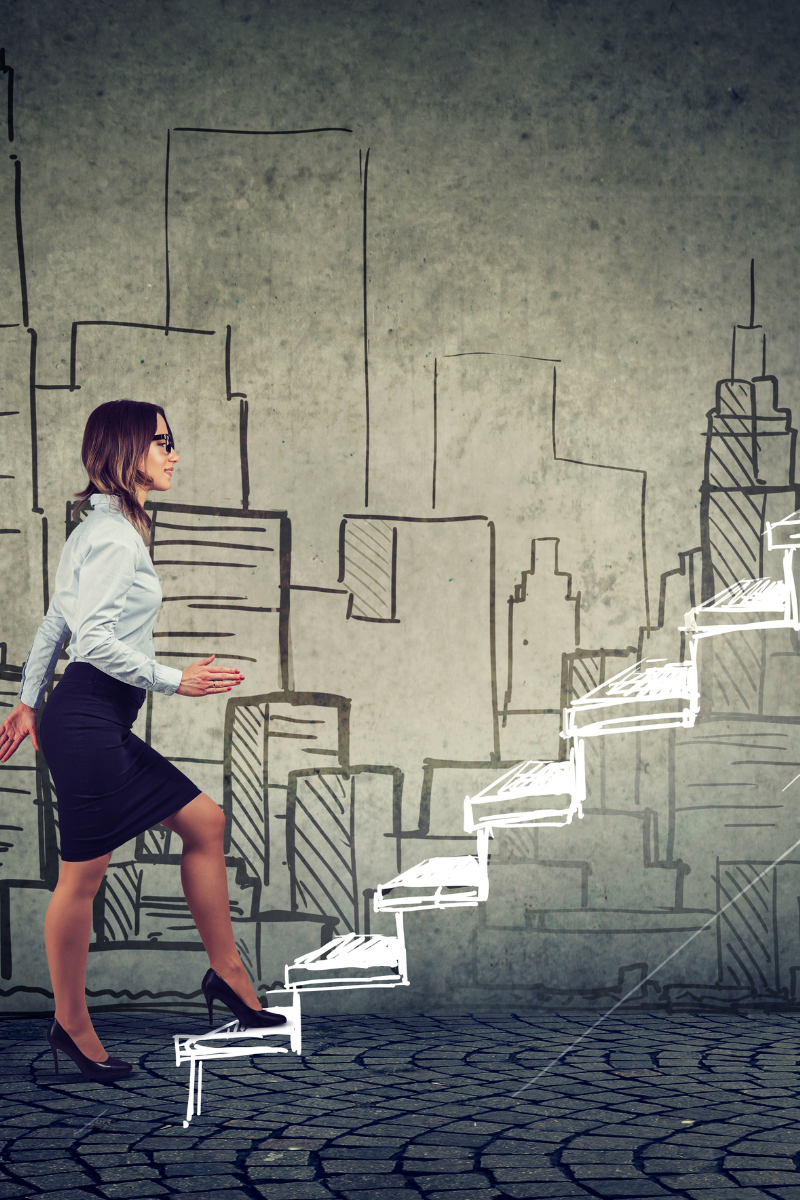 A saleswoman walking up stairs