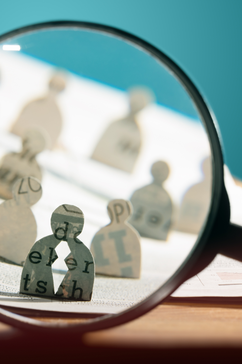 A magnified glass over cut out shapes of people focussing on the one in front.